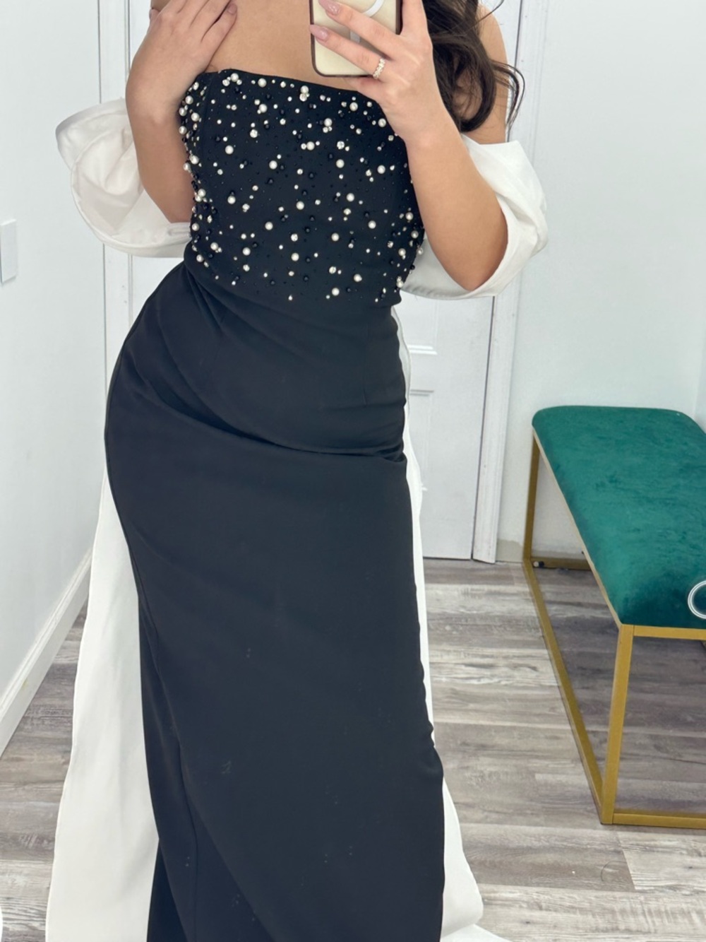 Strapless Black Pearl-Embellished Evening Dress